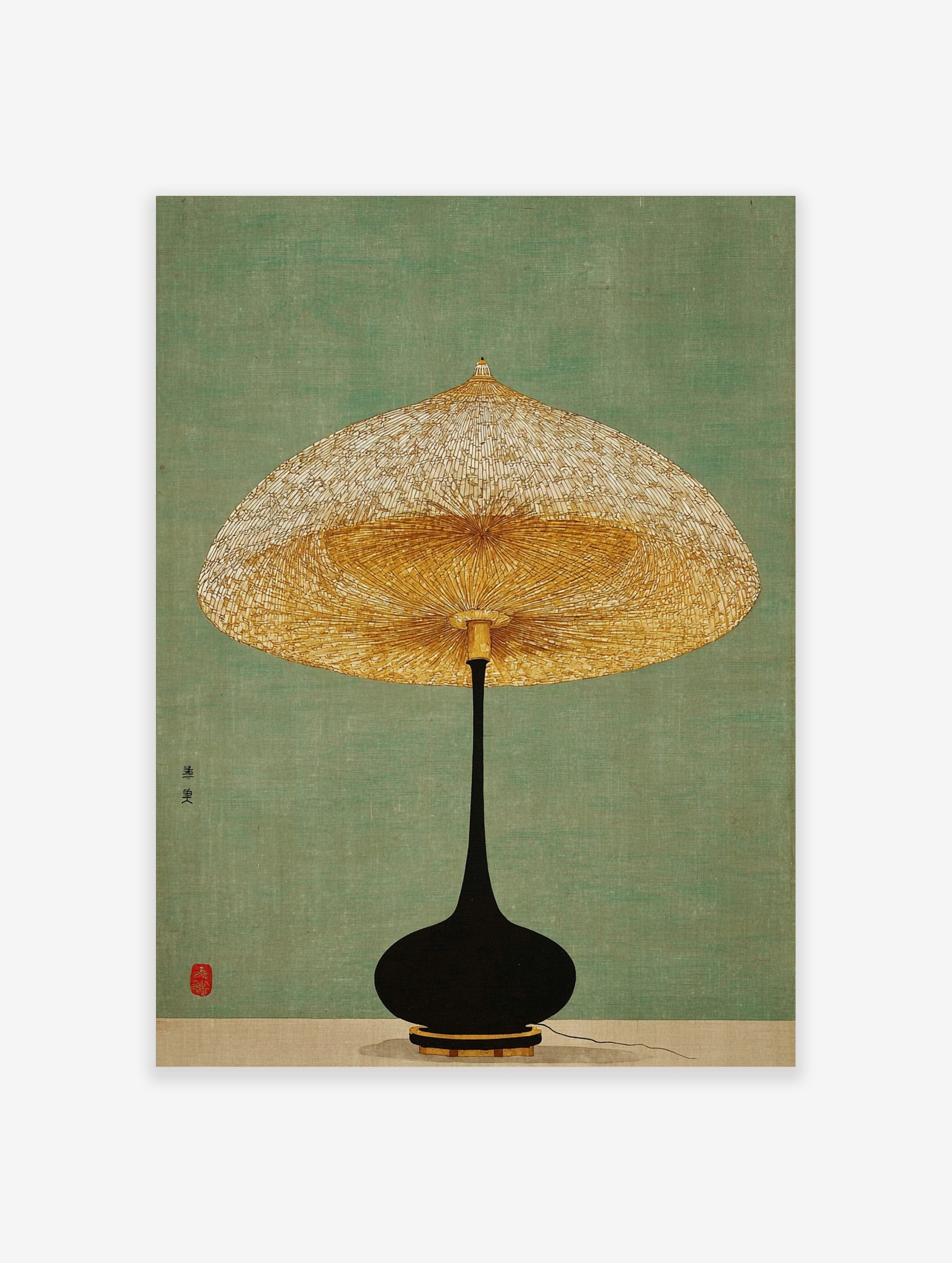 Minimalist lamp wall art with a golden textured shade and black base on a green background, with Japanese text and a red