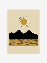 Minimalist landscape poster with a golden sun, black mountains, and textured yellow sand with wavy lines.