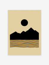 Minimalist landscape poster with black mountains, a black sun, and golden wavy lines representing water on a beige background.