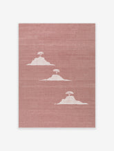 Minimalist landscape wall art featuring three white mesa hills with trees on a textured dusty pink background