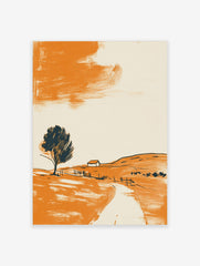 Minimalist landscape art print with orange hillside, dark tree, small house, and abstract orange sky