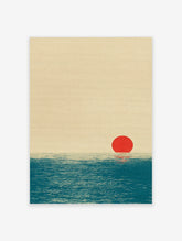 Minimalist ocean wall art print featuring a red sun reflecting on a textured blue sea under a beige sky, unframed.