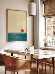Minimalist ocean wall art print featuring a red sun reflecting on a textured blue sea under a beige sky, unframed. - Image 2