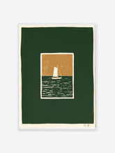 Minimalist sailboat art print with white boat on dark green sea and tan sky, illustrative style nautical wall decor