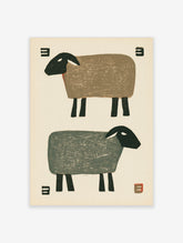Minimalist sheep illustration with two stylized sheep in brown and grey against an off-white background