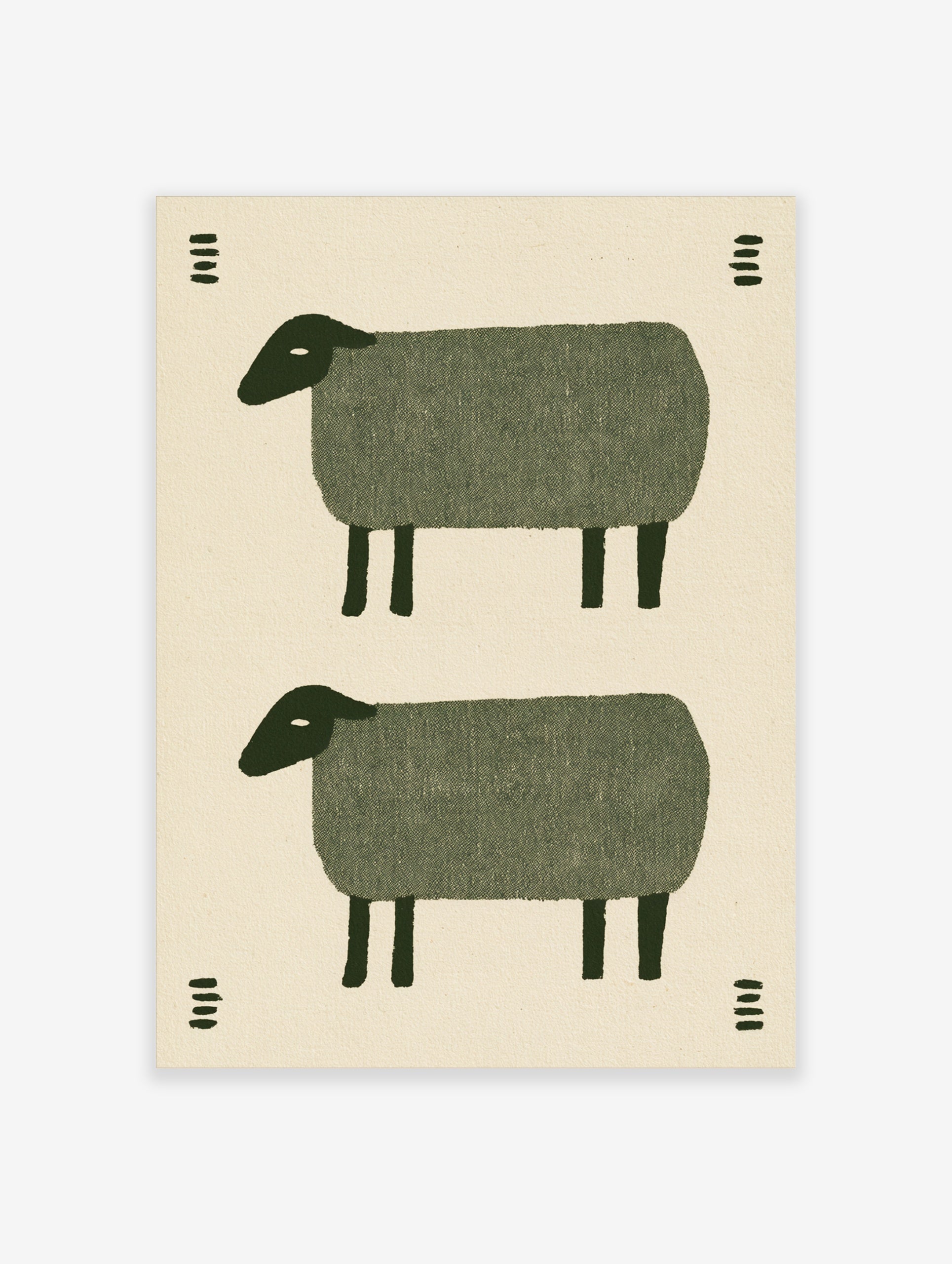 Minimalist folk art print featuring two stacked green sheep illustrations with small decorative dash patterns on cream