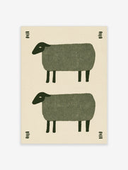 Minimalist folk art print featuring two stacked green sheep illustrations with small decorative dash patterns on cream