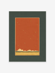 Minimalist starry sky wall art print with golden stars, terracotta sky, rolling hills, and a sandy landscape in a dark green mat.