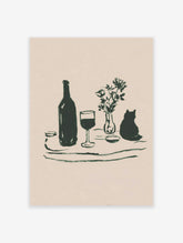 Minimalist still life wall art featuring a dark green illustration of a bottle, wine glass, flowers in a vase, and a cat silhouette.