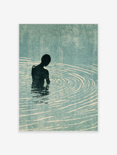 Minimalist swimmer poster with dark silhouette in teal water and cream ripple lines