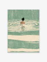 Minimalist swimmer in green water with white ripples, seen from behind, on textured background