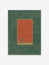Minimalist tree wall art print with a green tree on terracotta background, framed by a dark green border with gold dots.