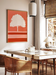 Minimalist tree illustration with a pale canopy on a vibrant orange background, graphic botanical, in a styled room mockup