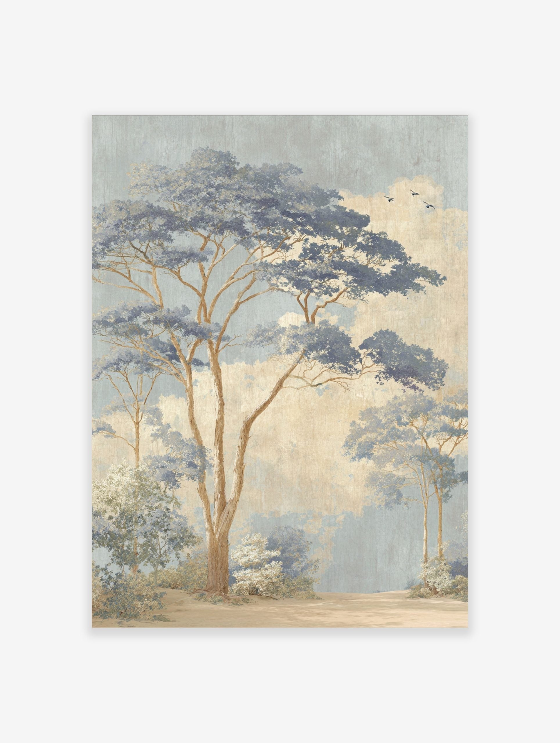 Illustrative misty blue forest landscape art print with tall trees, blue foliage, beige sky, and flying birds