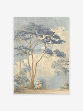 Illustrative misty blue forest landscape art print with tall trees, blue foliage, beige sky, and flying birds