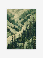 Illustrative Misty Forest poster featuring dense green pine trees and swirling white clouds, creating a serene landscape.