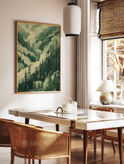 Illustrative Misty Forest poster featuring dense green pine trees and swirling white clouds, creating a serene landscape. - Image 2