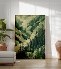 Illustrative Misty Forest poster featuring dense green pine trees and swirling white clouds, creating a serene landscape. - Image 3