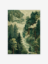Misty forest poster with tall green pine trees and swirling clouds in a stylized landscape illustration.