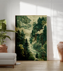 Misty forest poster with tall green pine trees and swirling clouds in a stylized landscape illustration. - Image 3