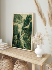 Misty forest poster with tall green pine trees and swirling clouds in a stylized landscape illustration. - Image 4
