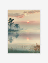 Misty lake sunrise landscape art print with pine trees and pink sun reflection
