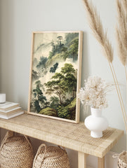 Misty mountain forest poster with lush green trees emerging from soft fog, in an illustrative landscape art style. - Image 4