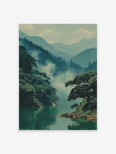 Misty Mountain Lake Poster featuring a serene green lake surrounded by lush green trees and fog-covered mountains.