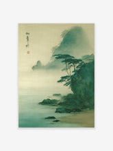 Misty Japanese landscape wall art featuring mountains, pine trees on cliffs, a coastal beach, and calm waters in muted green and beige tones.