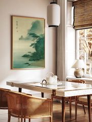 Misty Japanese landscape wall art featuring mountains, pine trees on cliffs, a coastal beach, and calm waters in muted green and beige tones. - Image 2