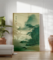 Misty Japanese landscape wall art featuring mountains, pine trees on cliffs, a coastal beach, and calm waters in muted green and beige tones. - Image 3