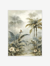 Misty tropical jungle art print with large green leaves, palm trees, a small bird, and white flowers