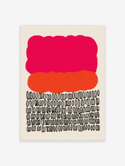 Abstract art print with a large pink cloud shape, an orange organic shape, and rows of black looped symbols