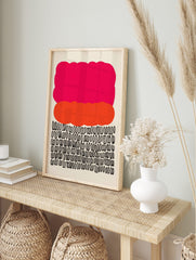 Abstract art print with a large pink cloud shape, an orange organic shape, and rows of black looped symbols, in an alternate