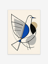 Geometric bird art print with white dove, blue wing, black body, grey circle on cream background