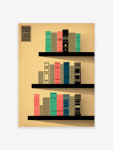 Modern bookshelf art print with geometric books in teal, coral, and blue on black shelves against a beige background.