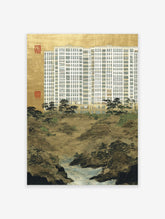 Modern building with multiple windows above a traditional Japanese landscape with mountains, trees, river, and gold background art print.