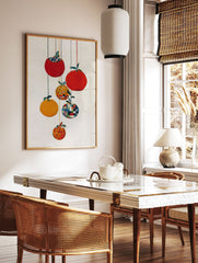 Modern fruit wall art featuring five stylized red and orange fruits with patterned details hanging from strings on a white background. - Image 3