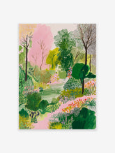 Modern garden poster featuring a vibrant green and pink landscape with trees, bushes, flowers, and a pond with swans.