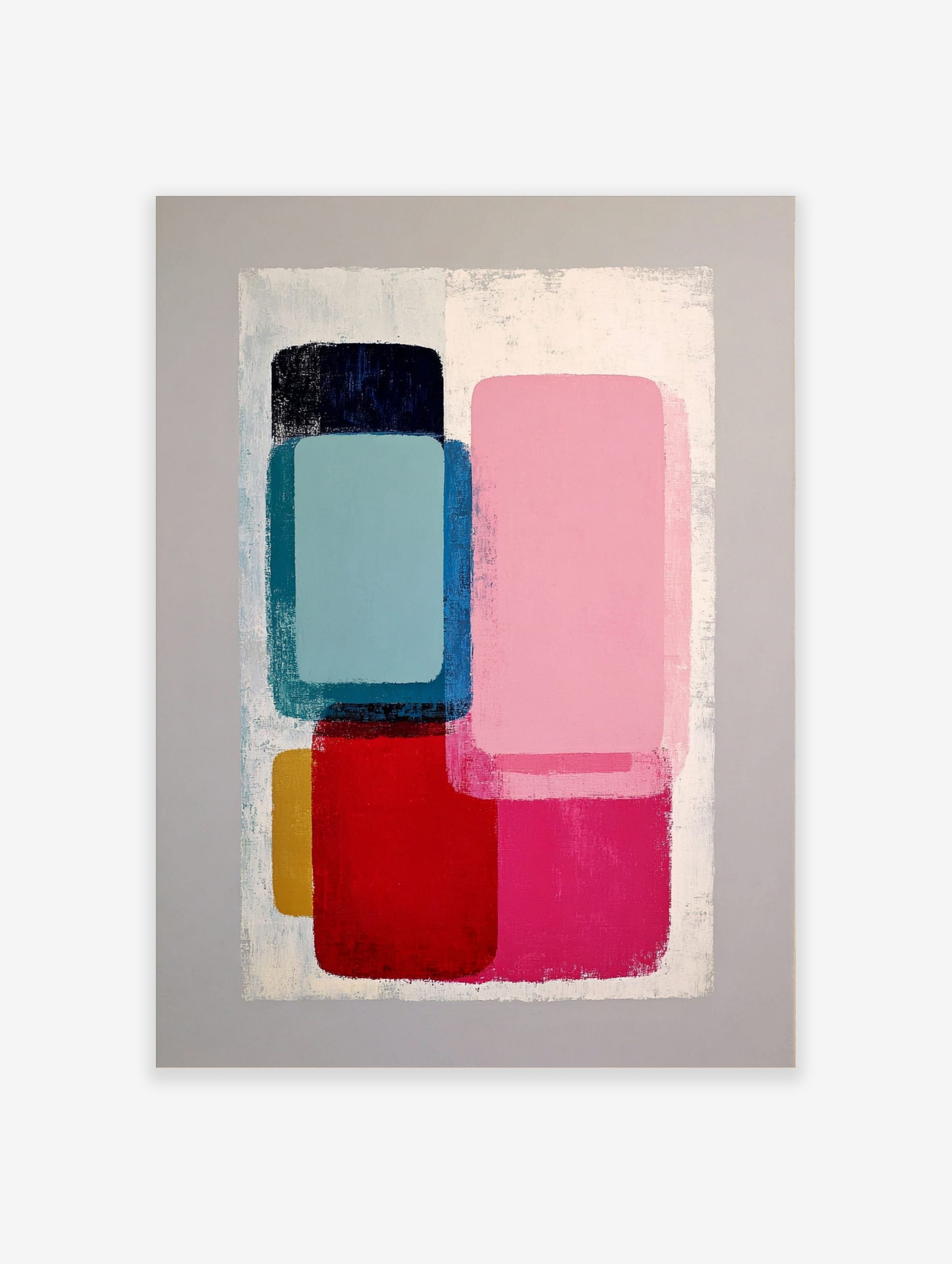 Abstract geometric wall art print with stacked rounded rectangular shapes in pink, blue, red, and yellow