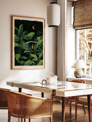 Modernist house with glowing windows nestled in a dark, lush tropical jungle under a crescent moon, in a styled room mockup