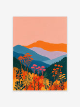 Modern landscape painting depicting colorful mountains, orange and pink botanical flowers, and green foliage under a peach sky.