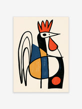 Geometric rooster art print with red comb, blue and yellow body, black tail on cream background