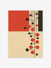 Modern wall art print with abstract red and black circles branching from a vertical line, on a beige background with Japanese text.