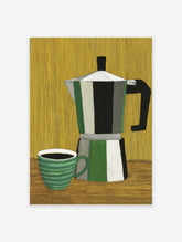Illustrative coffee art print of a striped moka pot and green coffee cup on a brown table with a yellow background.