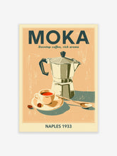 Vintage Moka pot poster with coffee cup, spoon, and 'MOKA' text on peach background