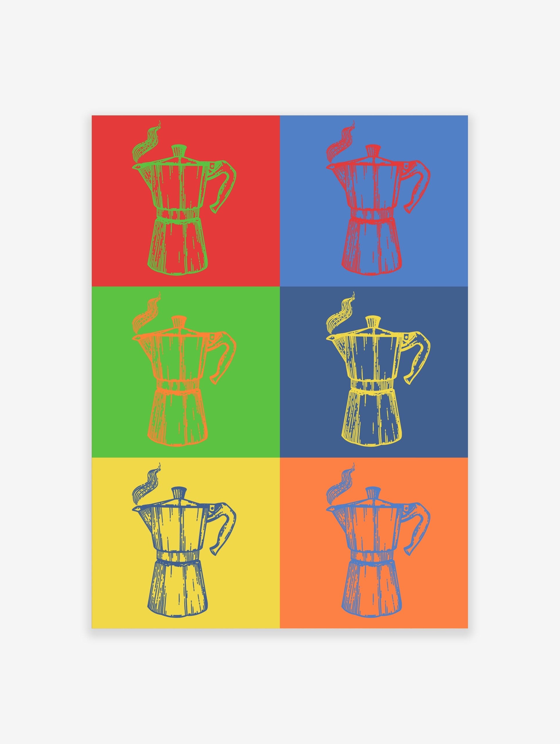 Multi-color pop art style print featuring six Moka pot coffee makers with steam on contrasting backgrounds
