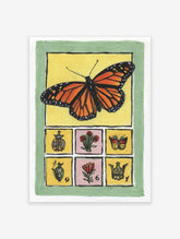 Monarch butterfly illustration with small folk art motifs on a yellow background with a green border.