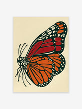 Illustrated Monarch butterfly wall art print featuring orange and red wings with black and white details on a cream background.