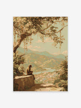 Painterly monkey art print overlooking a mountainous landscape with a river and village below, surrounded by lush trees.